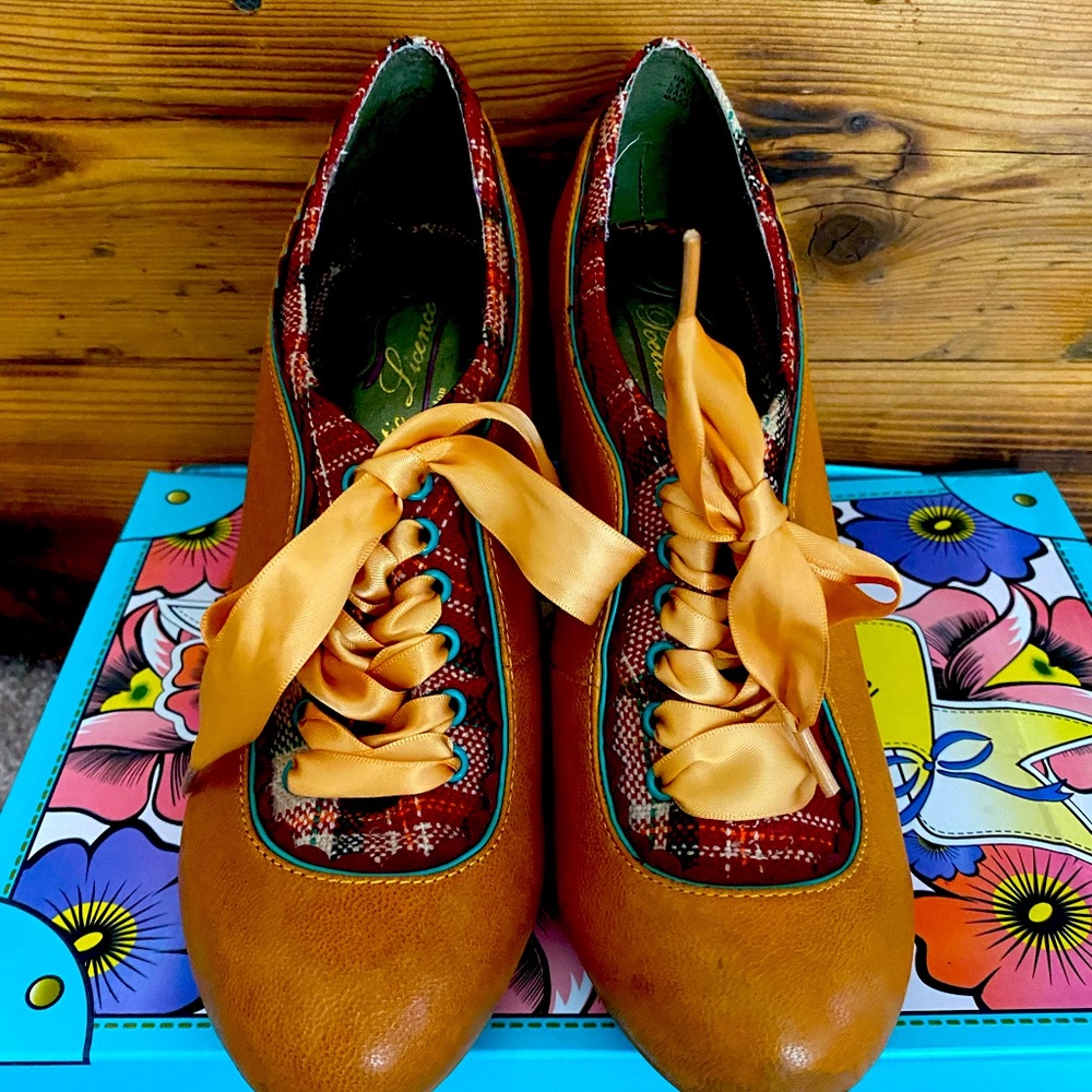 Poetic License lace up ribbon Oxford plaid stack heels